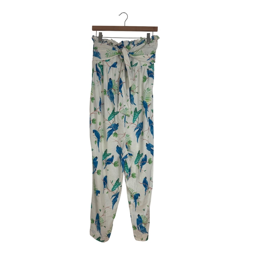 Tropical Farm Rio Womens S Strapless Jumpsuit White Blue Macaw Linen Blend Tie - Picture 2 of 13